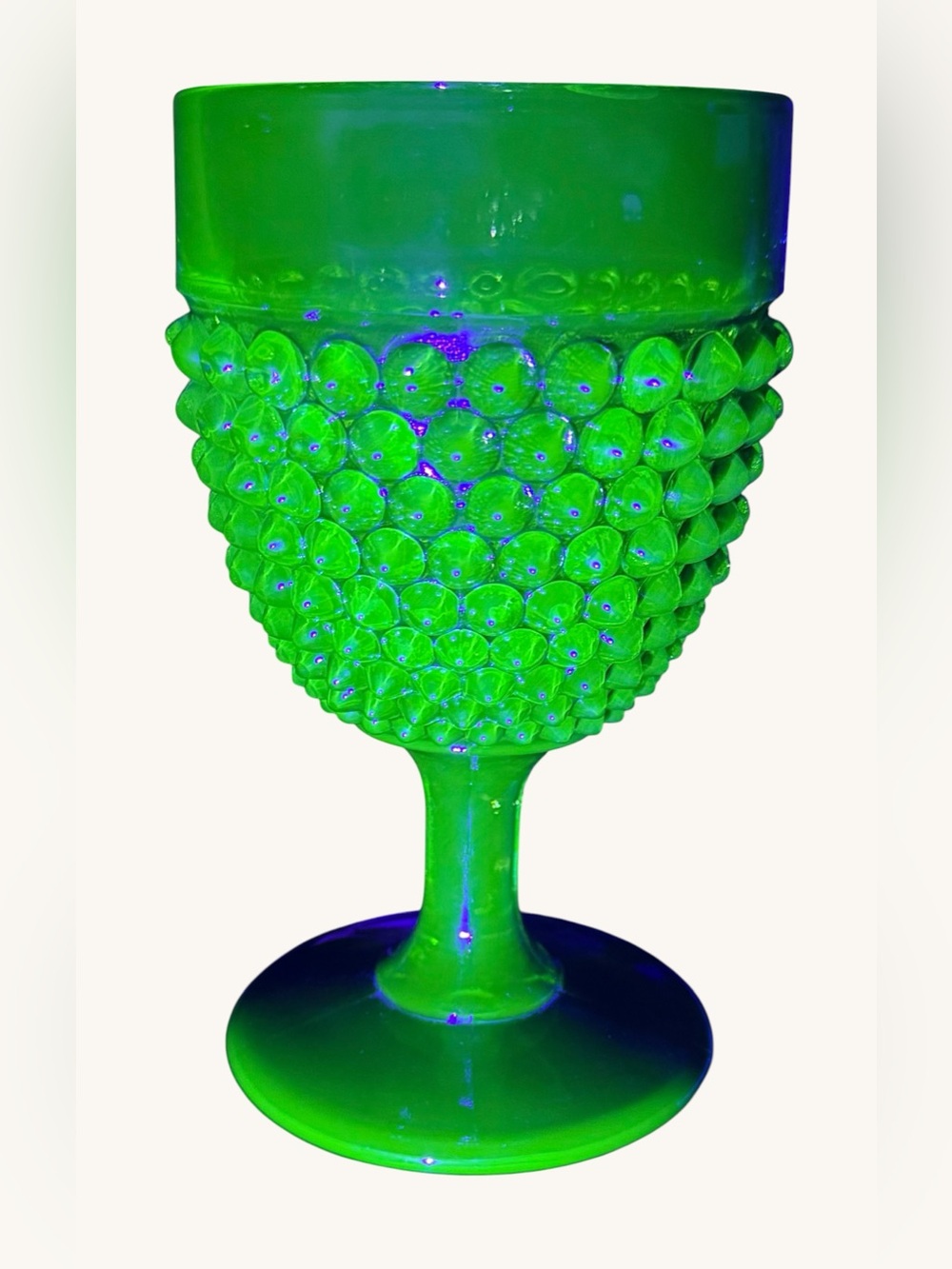 LE Smith Green Hobnail Uranium Glass Water Goblet UV Reactive Vintage Glass